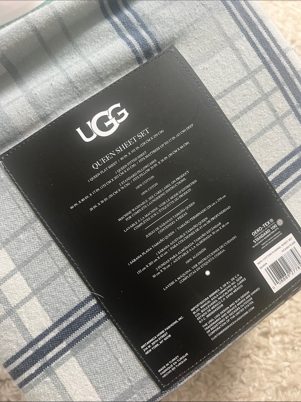 UGG Queen Sheet Set - Light Blue, Navy, Gray Plaid